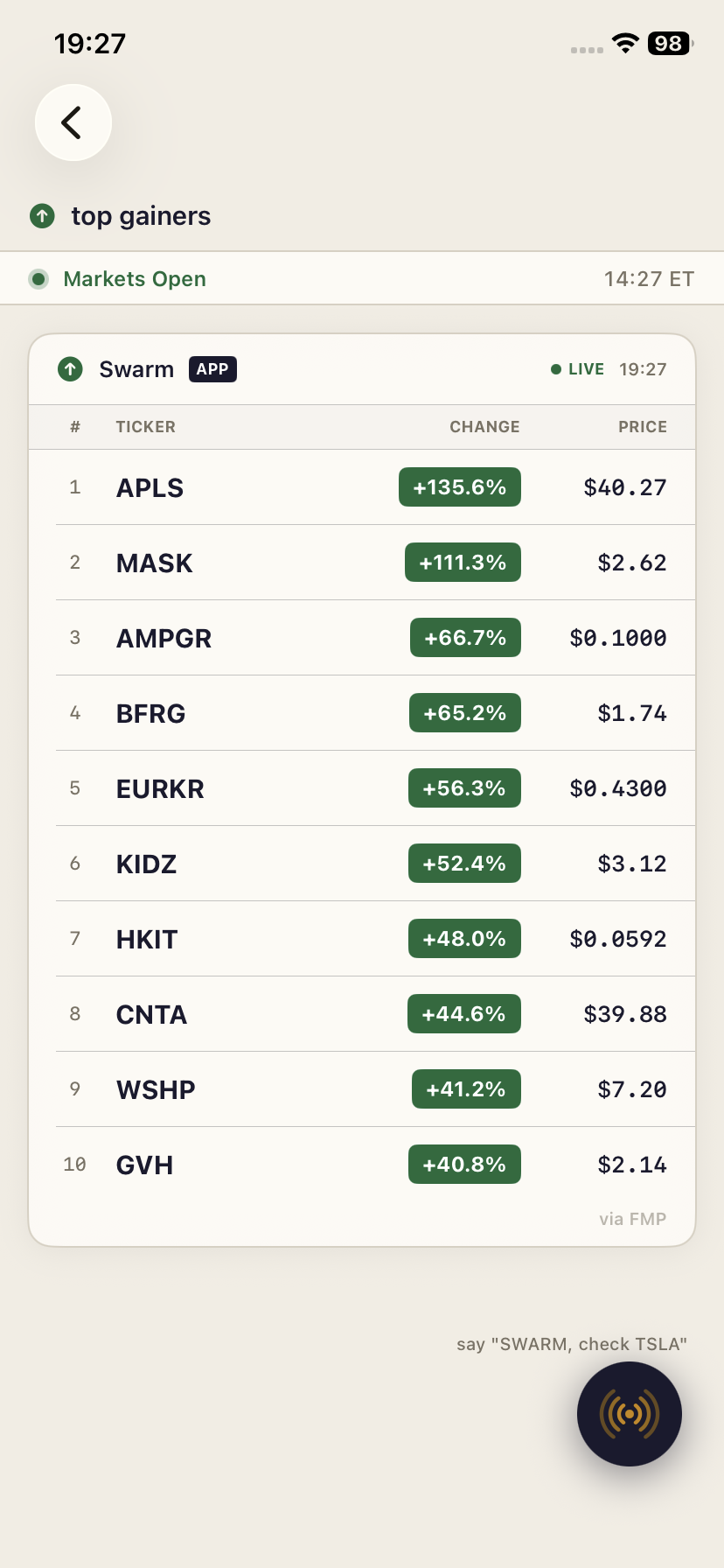 Swarm iOS — Top Gainers